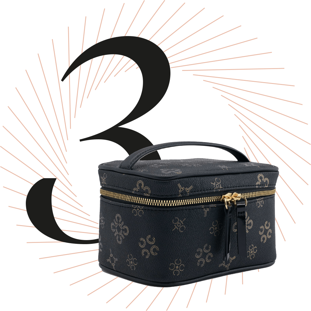 Schwarze Kosmetiktasche der Marke Catwalk, schwarze Ziffer 3 im Hintergrund