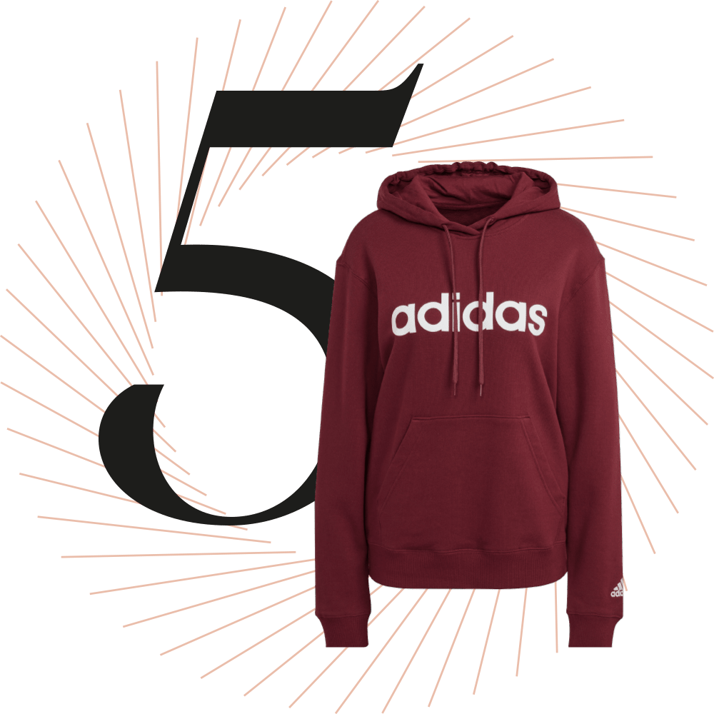 Tiefroter Pullover der Marke Adidas, schwarze Ziffer 5 im Hintergrund