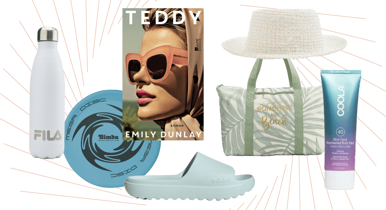 Collage aus sieben Essentials für den Badeausflug im Sommer