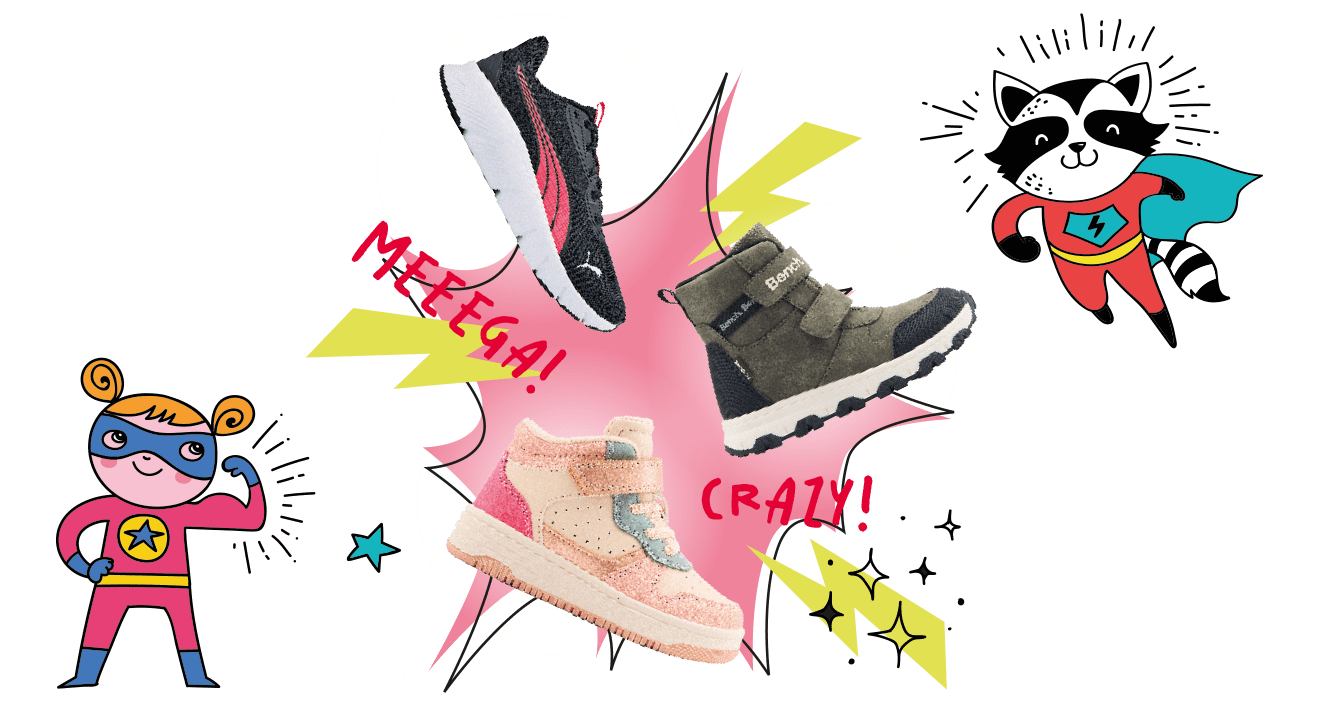 Illustration mit zwei Superhelden-Figuren und drei Kinderschuhen