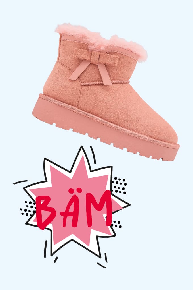Rosa Kinder-Winterboot mit Schleife, mit Schriftzug "Bäm" darunter