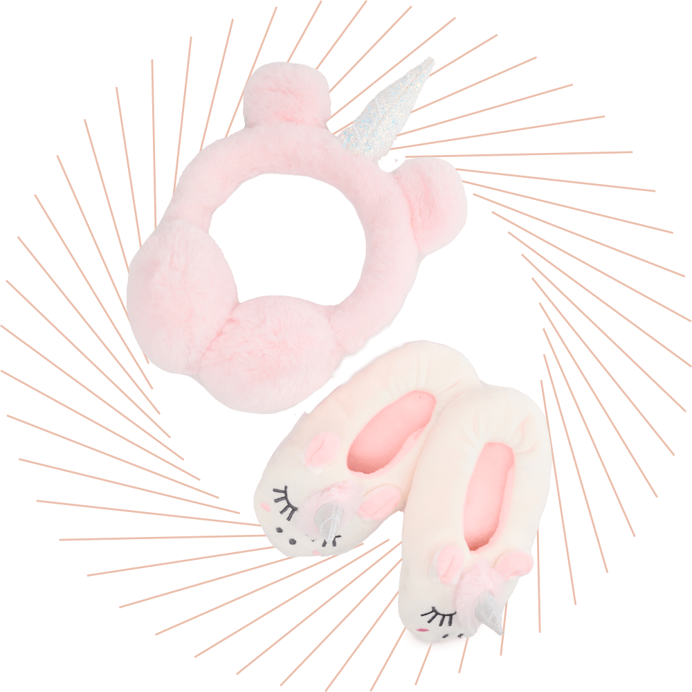 Flauschige Kinder-Schuhe und Einhorn-Stirnband in rosa Farbe