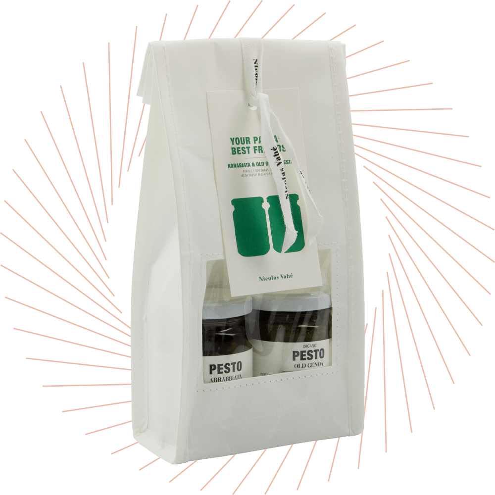 Weiße Geschenk-Verpackung für Pesto-Dosen