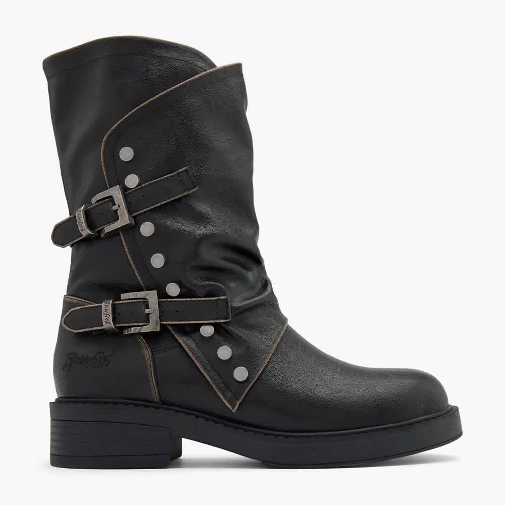 Schwarzer Stiefel-Schuh mit hohem Schaft, Nieten-Applikationen und Doppelschnalle