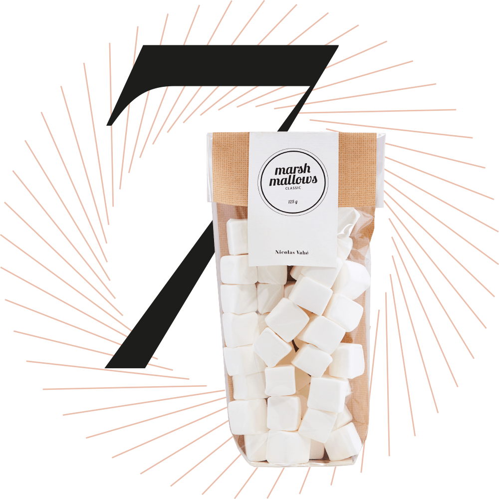 Packung mit Mini-Marshmallows, schwarze Ziffer 7 im Hintergrund