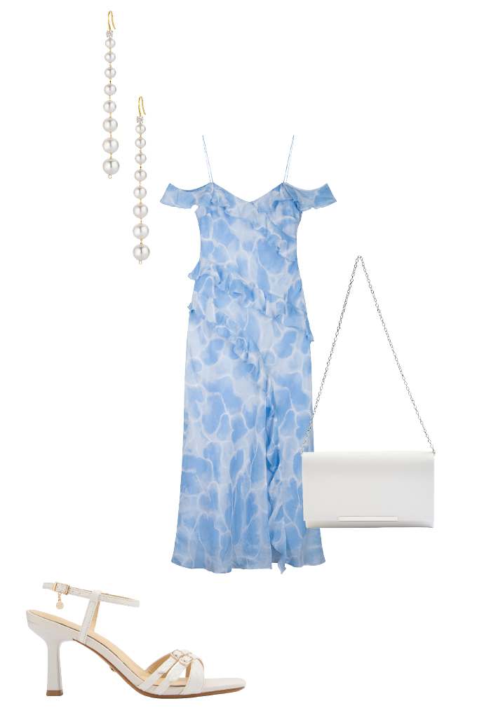 Himmelblaues Kleid mit silberner Clutch und Heels