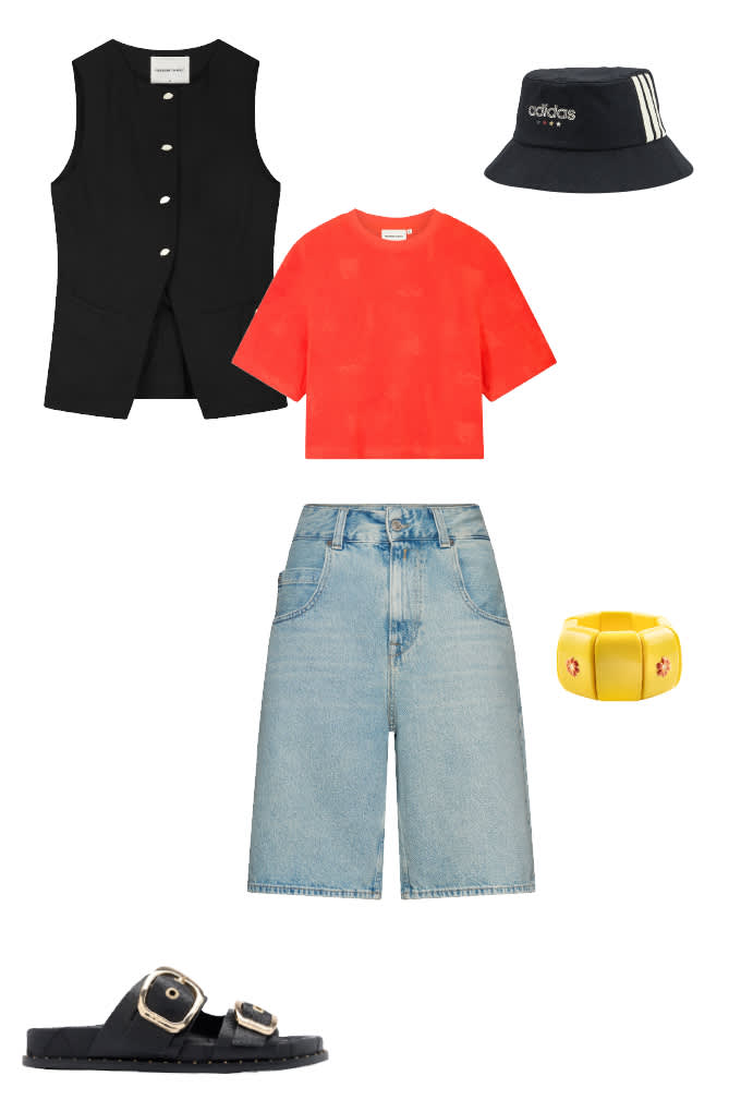 Urbane Outfit-Kombination mit Jeans-Shorts und schwarzer Weste