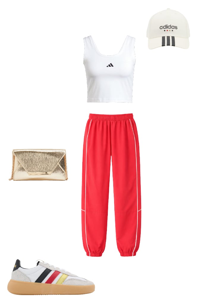Public Viewing-Outfit aus weißem Crop-Top und roten Trackpants