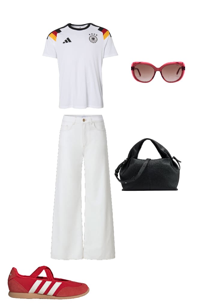 Public Viewing-Outfit mit Deutschland-Trikot, Wide Leg Pants und rotem Adidas-Sneaker