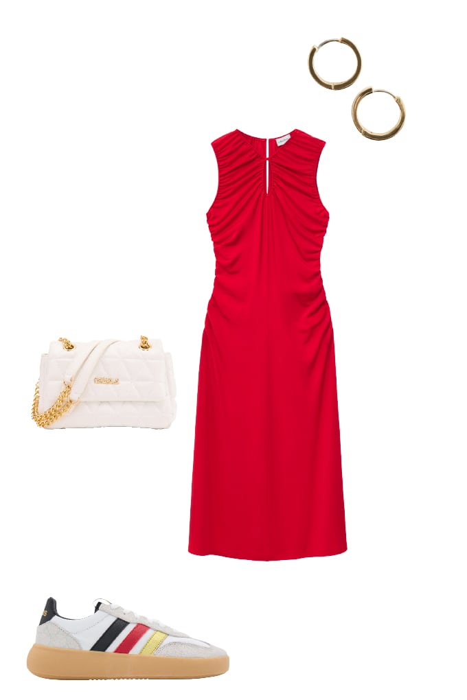 WM-Outfit, bestehend aus rotem Kleid, Handtasche und Creolen