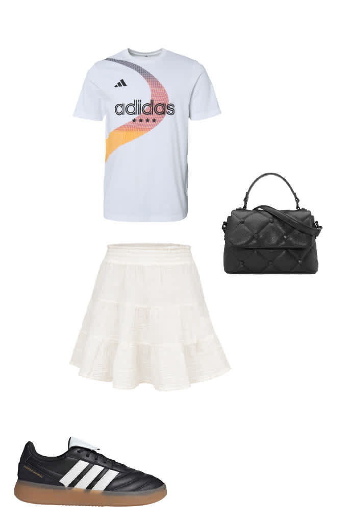 Outfit-Kombination zur WM, bestehend aus Adidas-Shirt mit Volantrock, Handtasche und Samba-Schuhen
