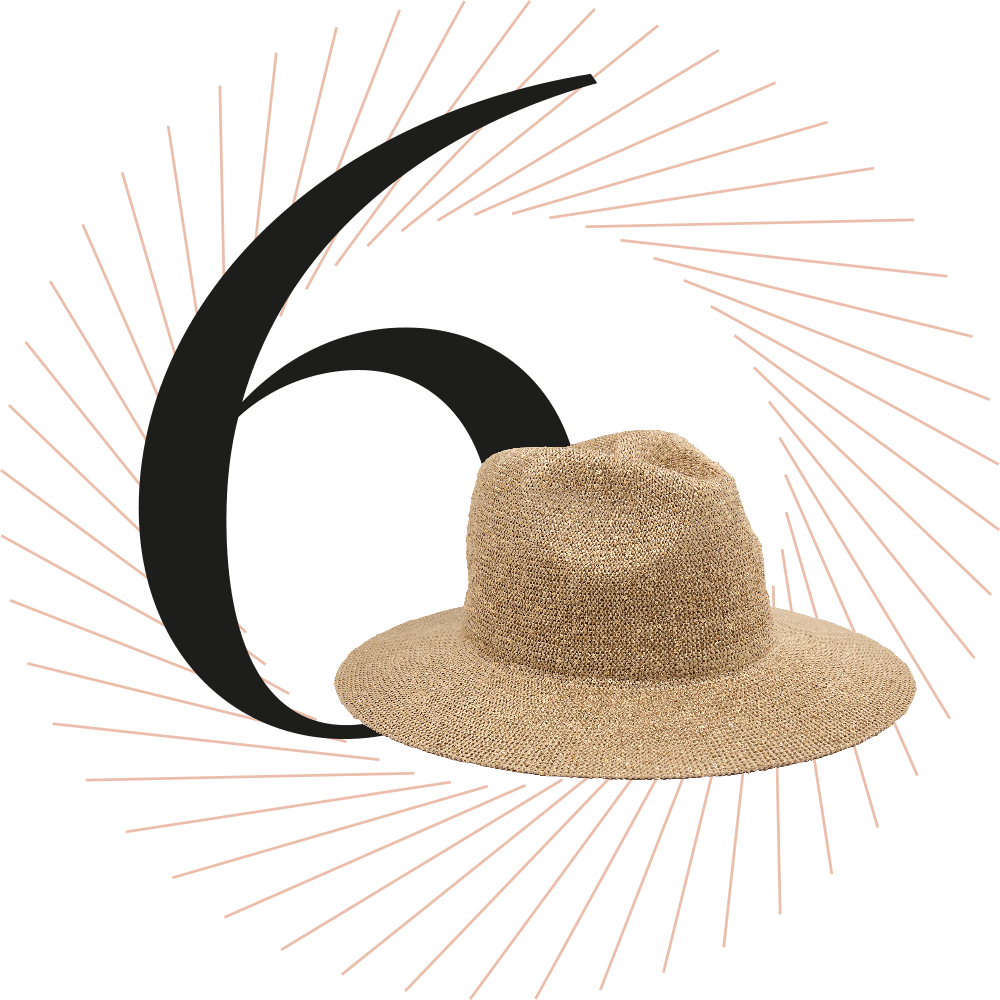 Brauner Strohhut, schwarze Ziffer 6 im Hintergrund