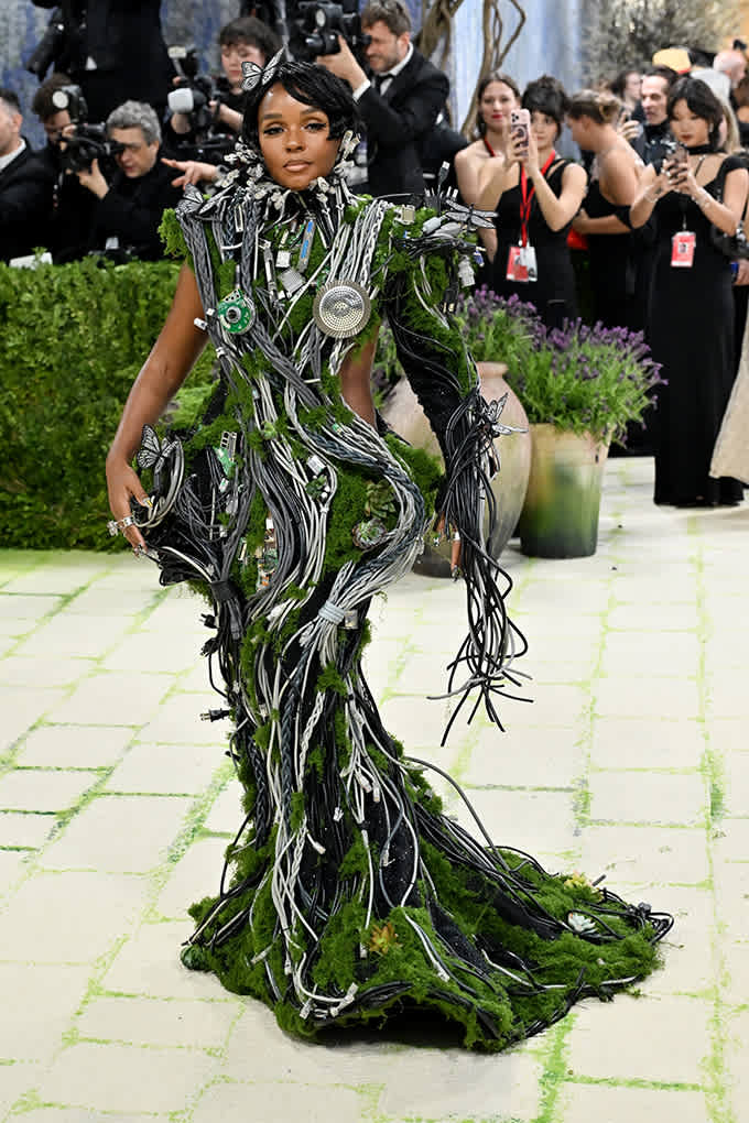 Sängerin Janelle Monáe in futuristischem Kleid aus Grünzeug und Elektroartikeln