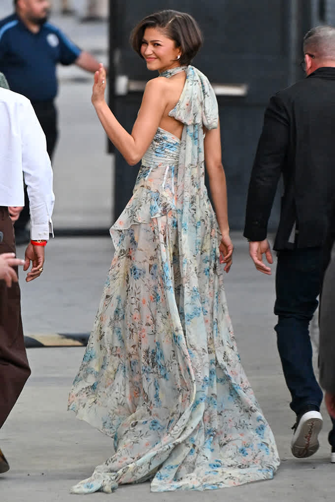 Schauspielerin Zendaya trägt langes, wallendes Blumenprint-Kleid in schlichten Farben