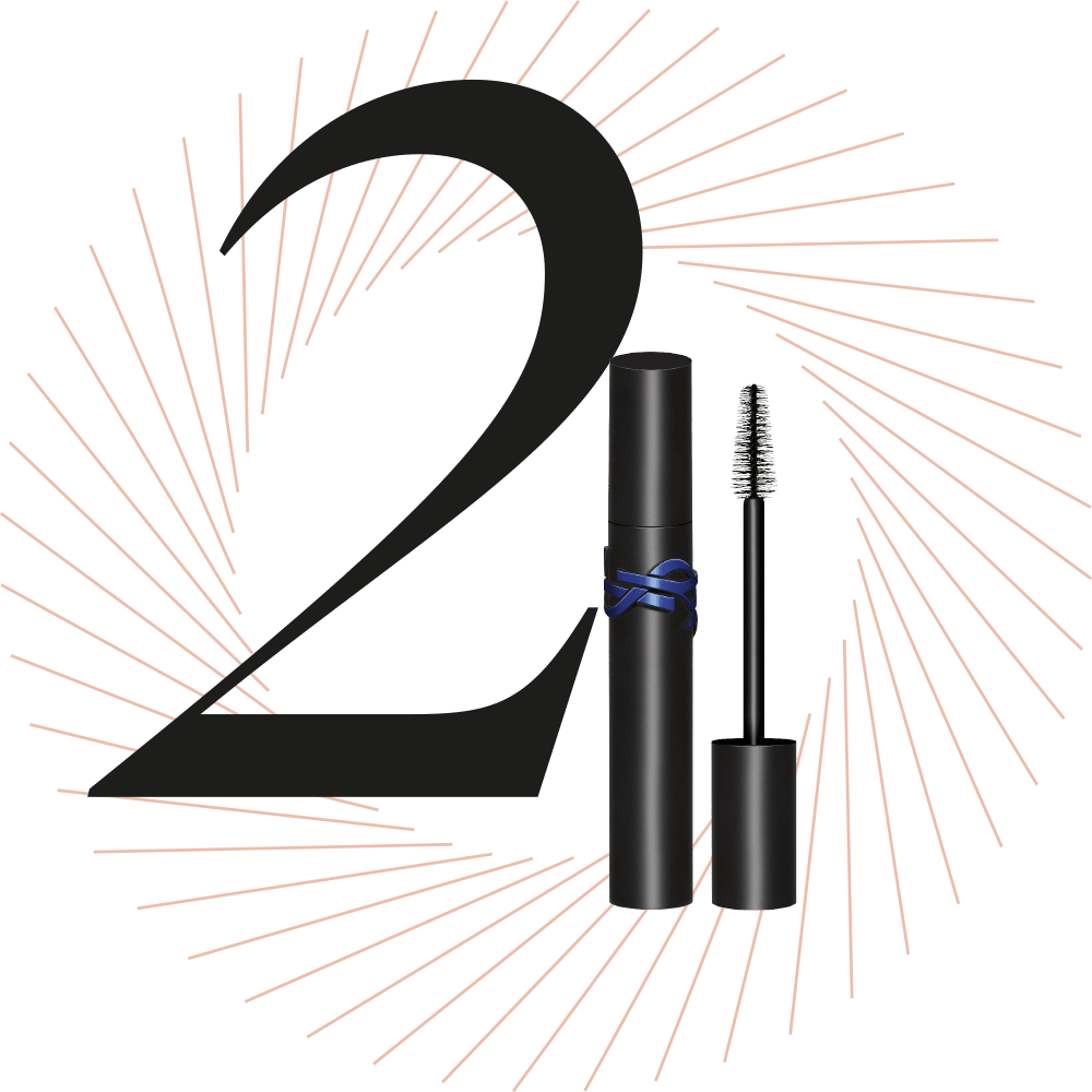 Schwarzer wasserfester Mascara, schwarze Ziffer 2 im Hintergrund