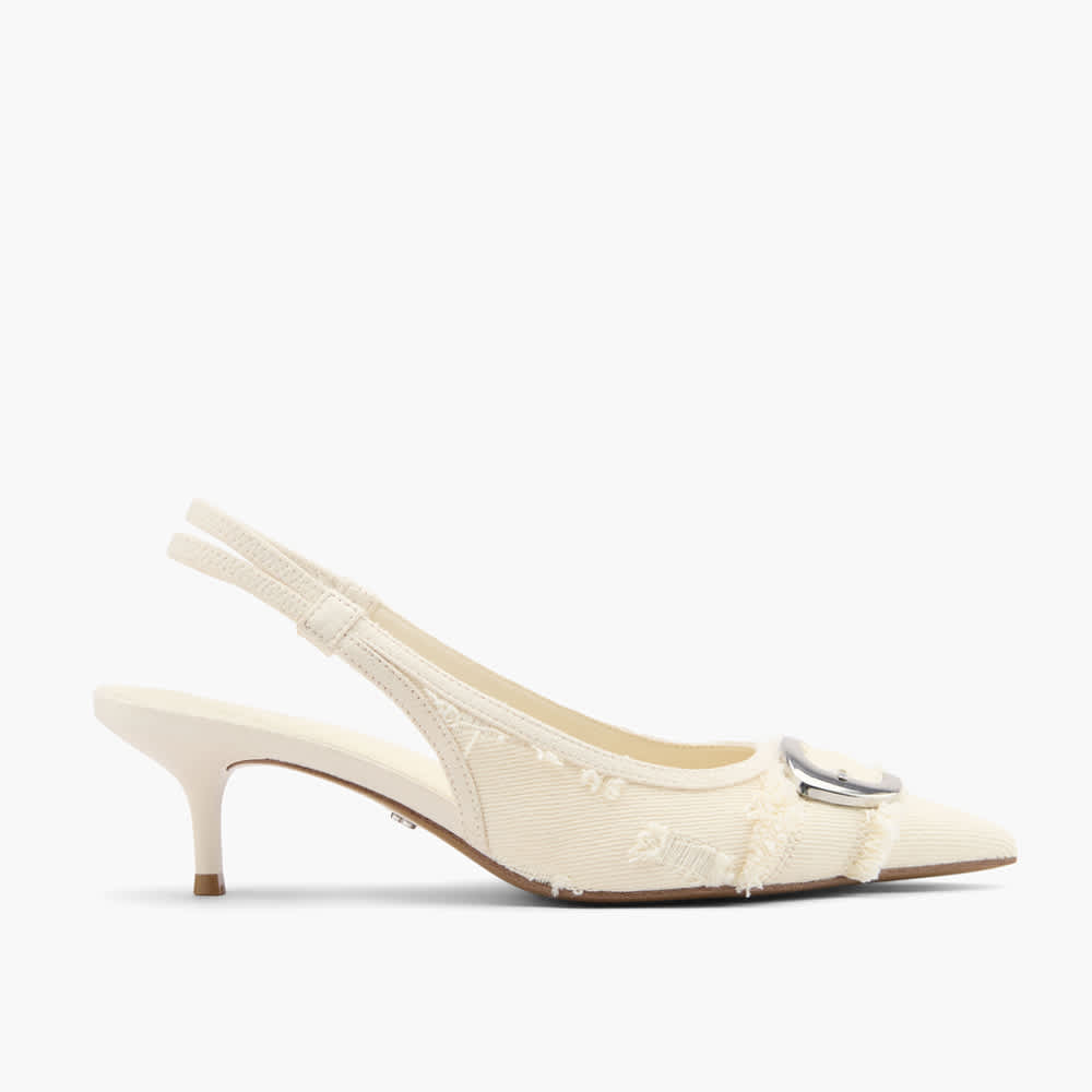 Weißer Slingback-Pump mit kleinem Absatz