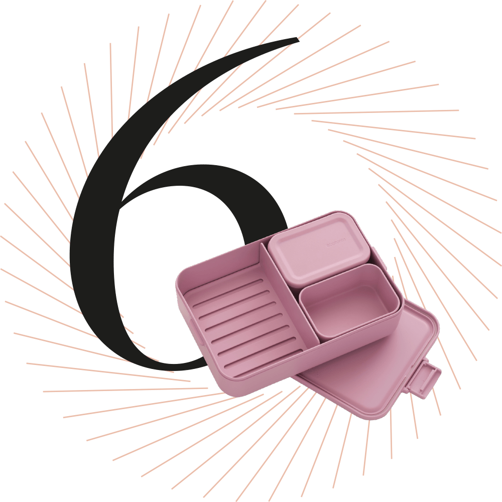Rosa Brotbox, schwarze Ziffer 6 im Hintergrund