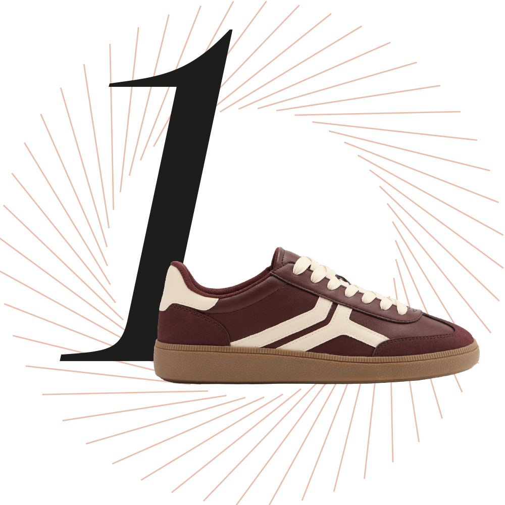 Brauner Sneaker, schwarze Ziffer 1 im Hintergrund