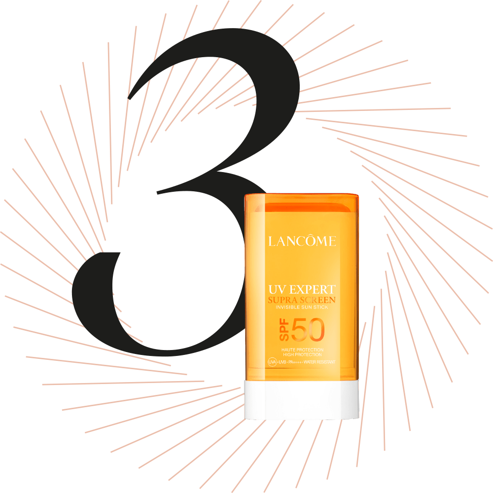 Goldgelbe Flasche mit Sonnencreme Faktor 50, schwarze Ziffer 3 im Hintergrund