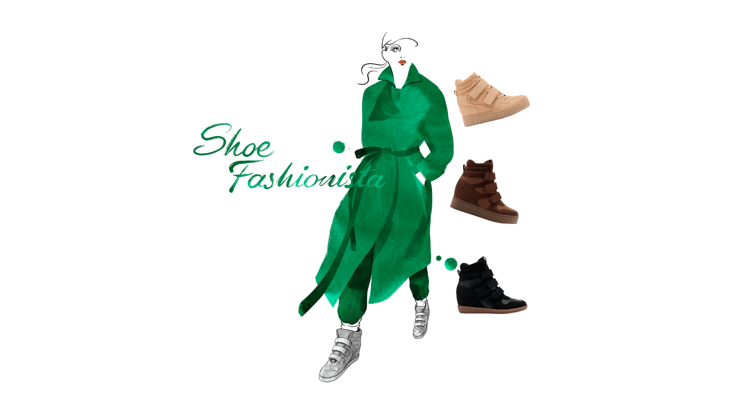 Aquarellartige Illustration einer Figur mit einem grünen Mantel mit verschiedenen Sneaker Wedges im Bild