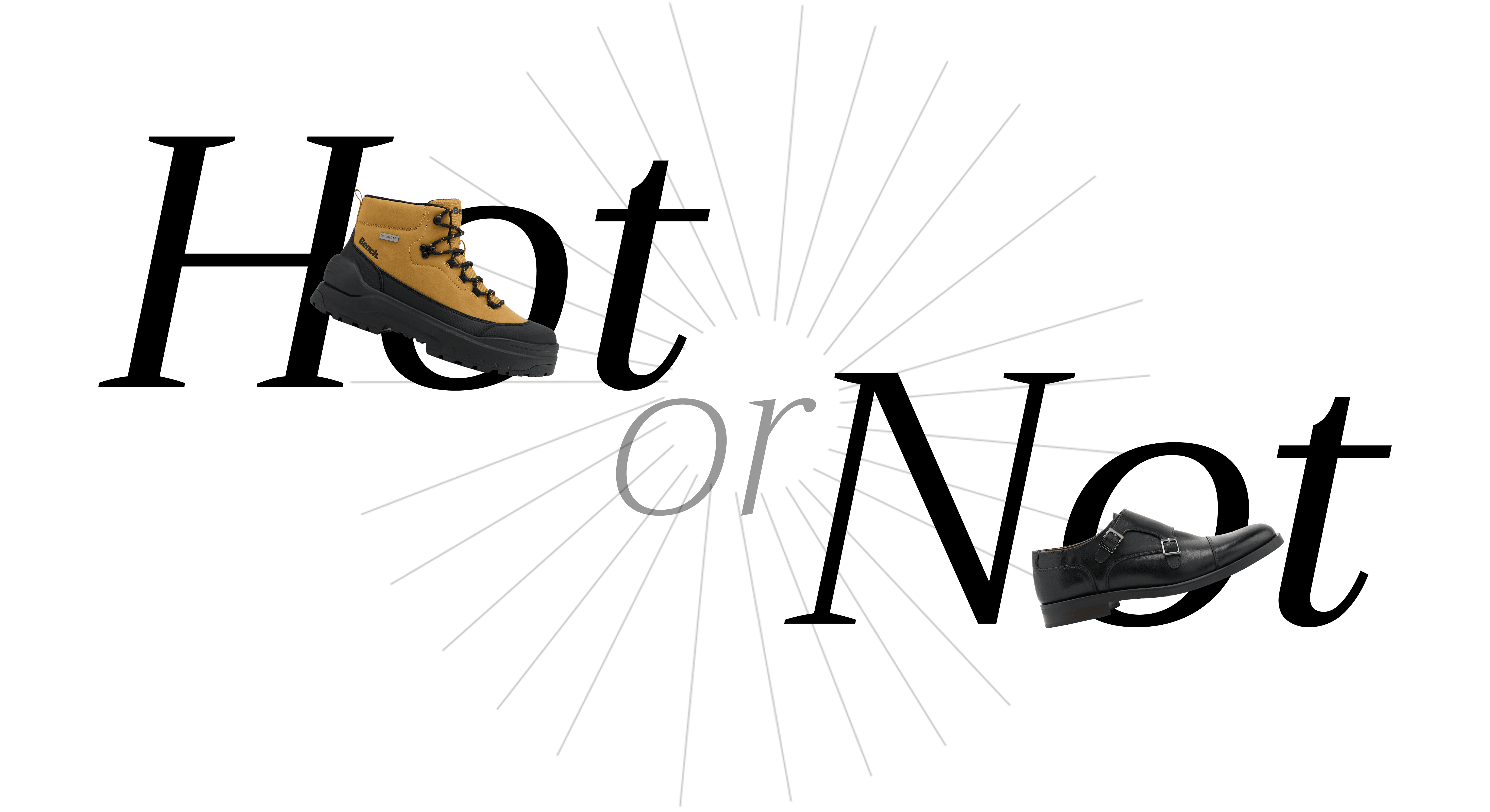 Schriftzug "Hot or Not" mit Schuhen-Freistellern, vor weißem Hintergrund, Thema Countryside vs. City