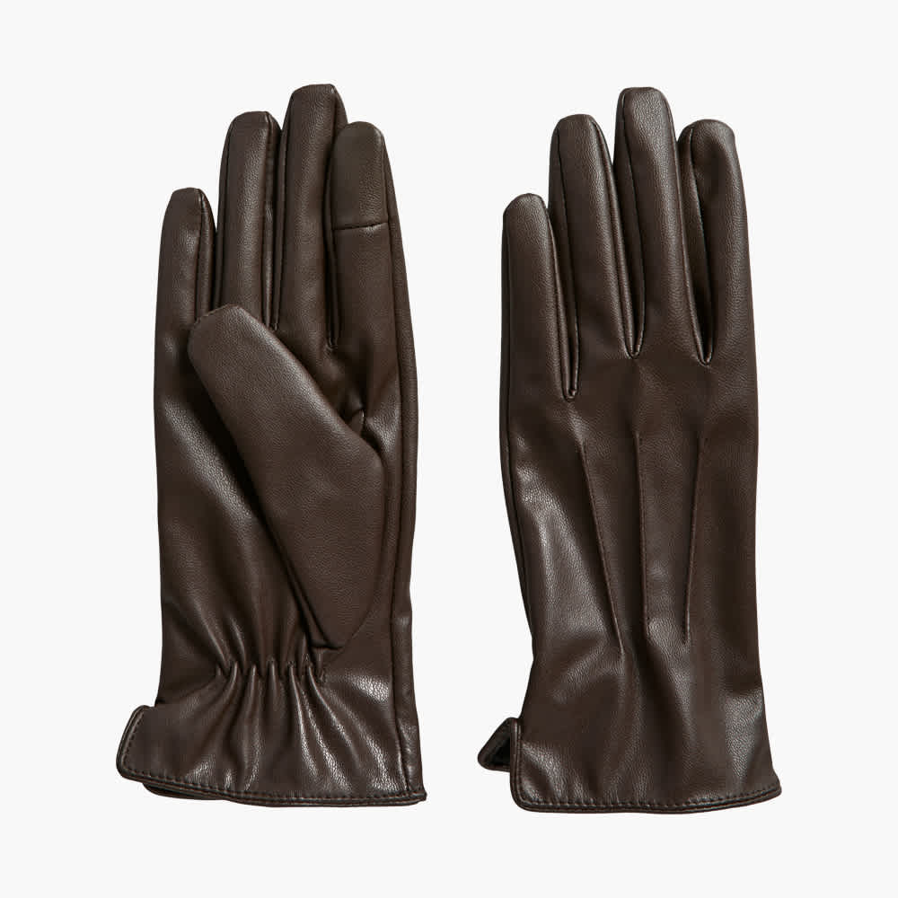 Braune Handschuhe in Lederoptik mit Ziernähten und Gummizug am Bund