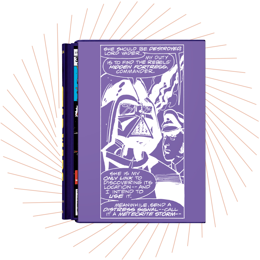 Lila Notizbuch mit Comic-Illustration und Sprechblasen im Retro-Stil