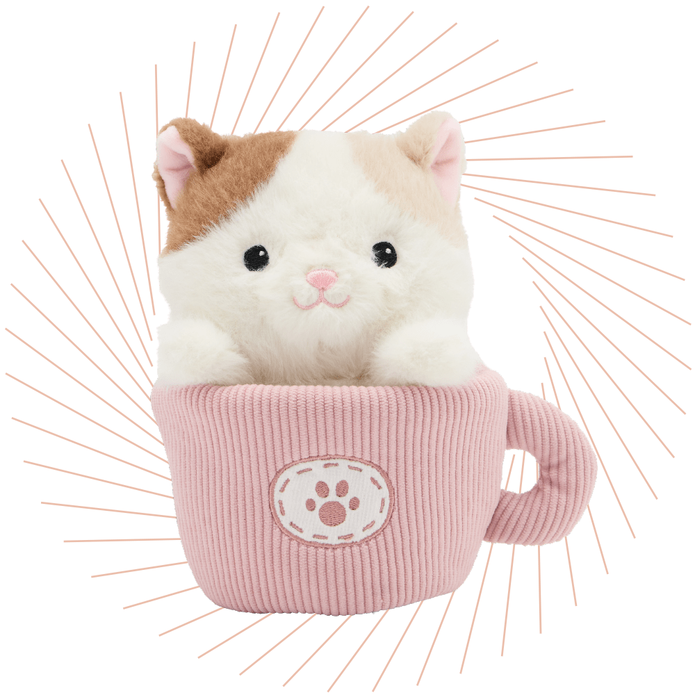 Plüschtier-Katze in rosa Cordtasse mit Pfotenaufnäher