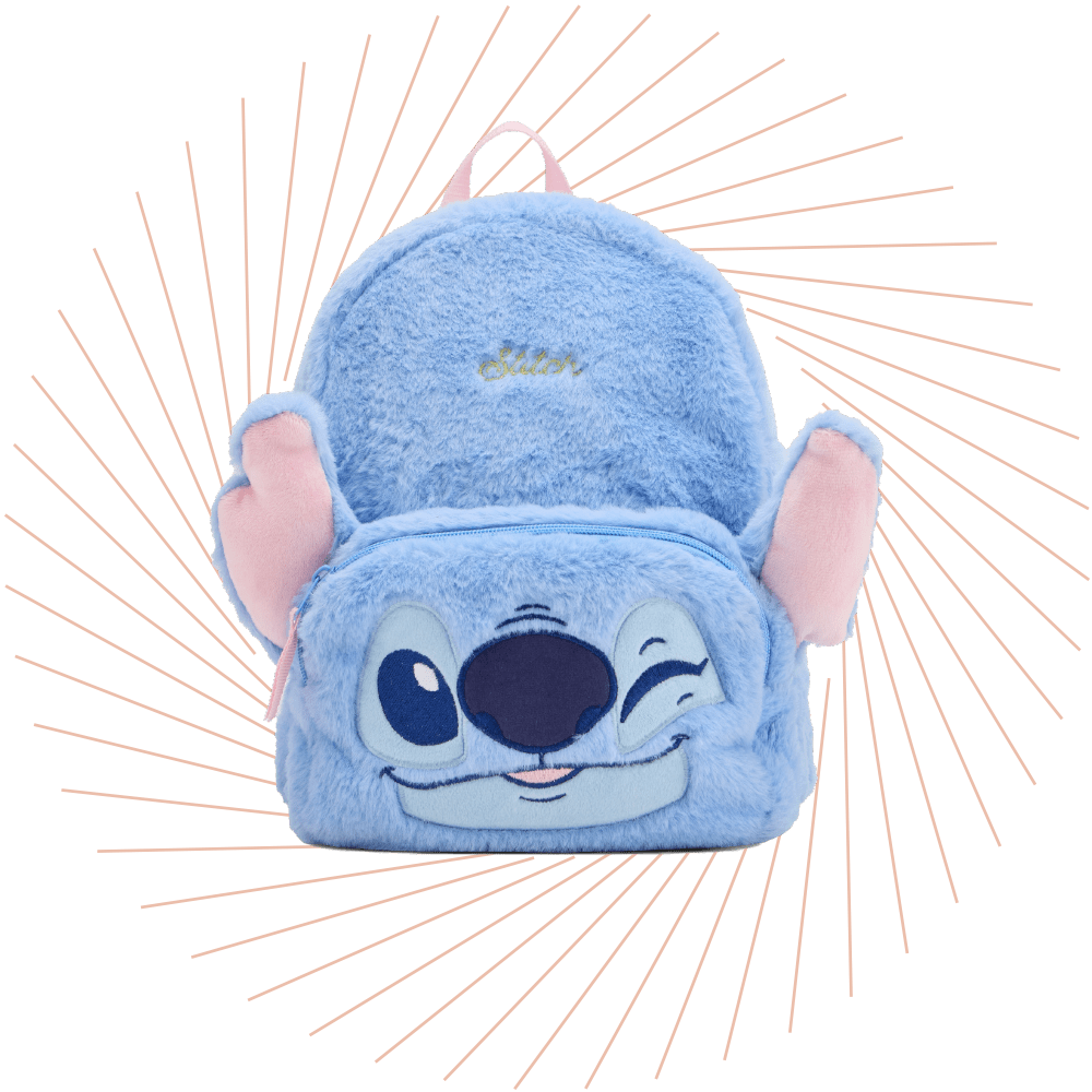 Blauer Plüschrucksack für Kinder mit Stitch-Gesicht, Ohren und Reißverschlussfach