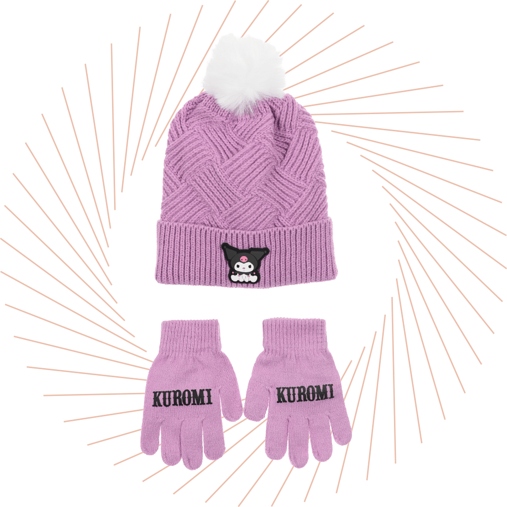 Lila Kinder-Winterset aus Bommelmütze und Strickhandschuhen mit Kuromi-Motiv