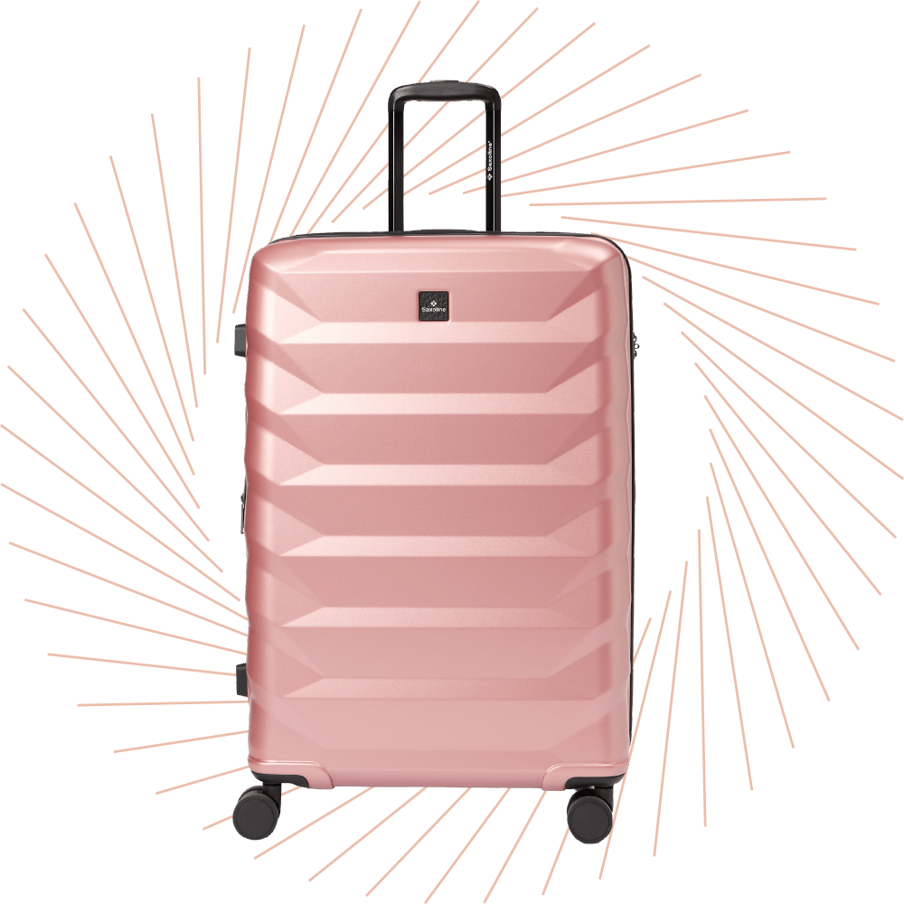 Rosa Rollkoffer mit "D"-Aufdruck