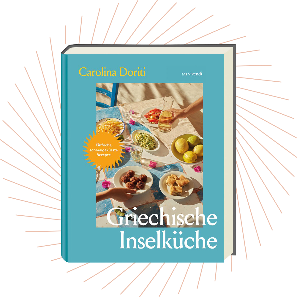 Kochbuch „Griechische Inselküche" von Carolina Doriti mit gedecktem Tisch auf dem Cover