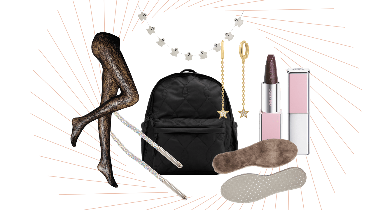 Collage aus Accessoires, Schmuck, Lippenstift und Kleidung vor einem strahlenförmigen Hintergrund