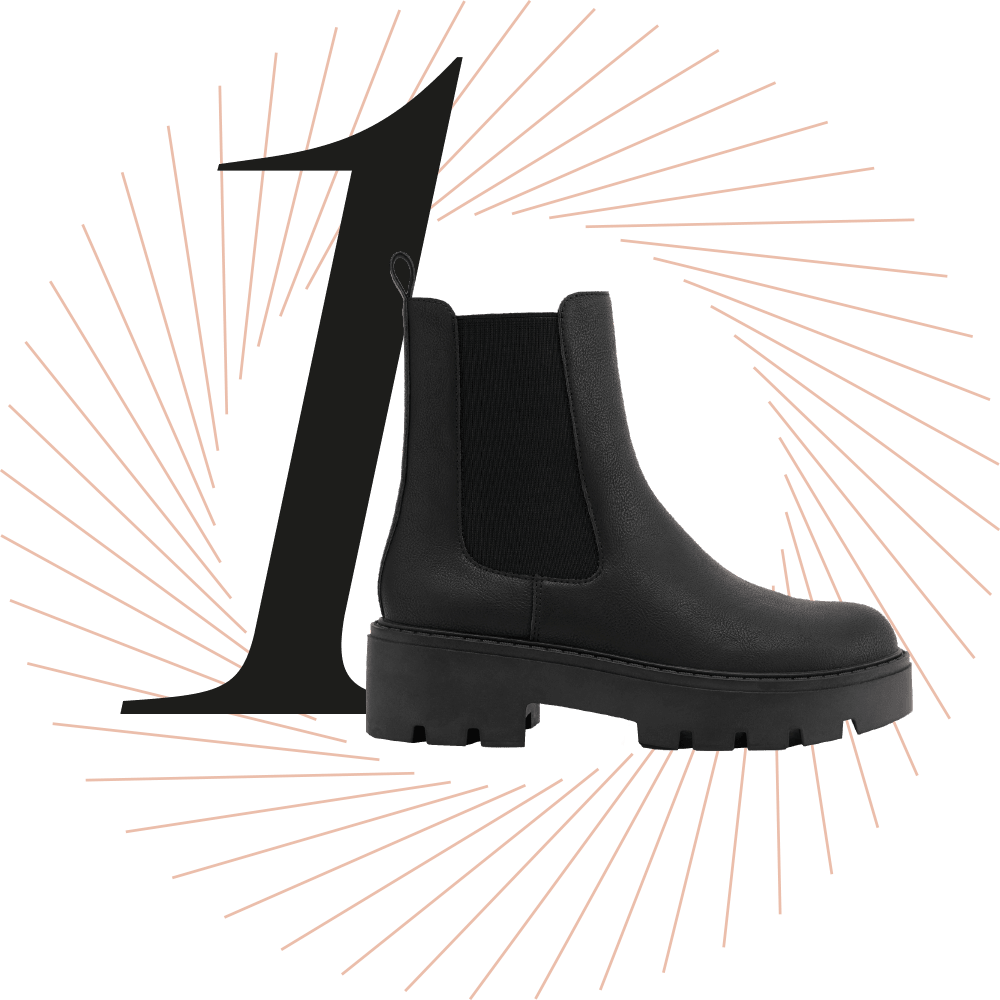 Schwarze Stiefelette, schwarze Ziffer 1 im Hintergrund