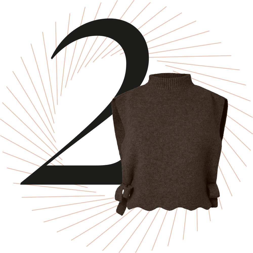 Dunkelbraune Strickweste, schwarze Ziffer 2 im Hintergrund