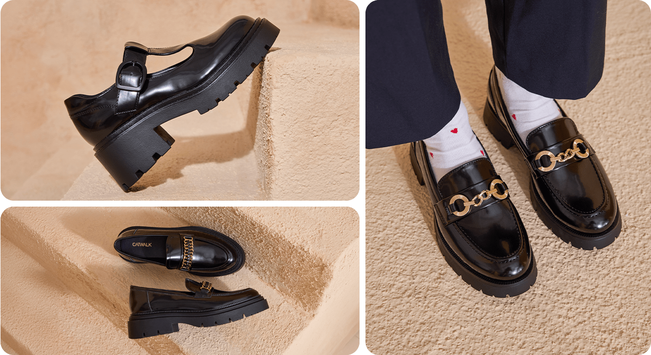 Collage mehrerer eleganter Loafer in Schwarz und mit Applikationen, freistehend und am Fuß getragen