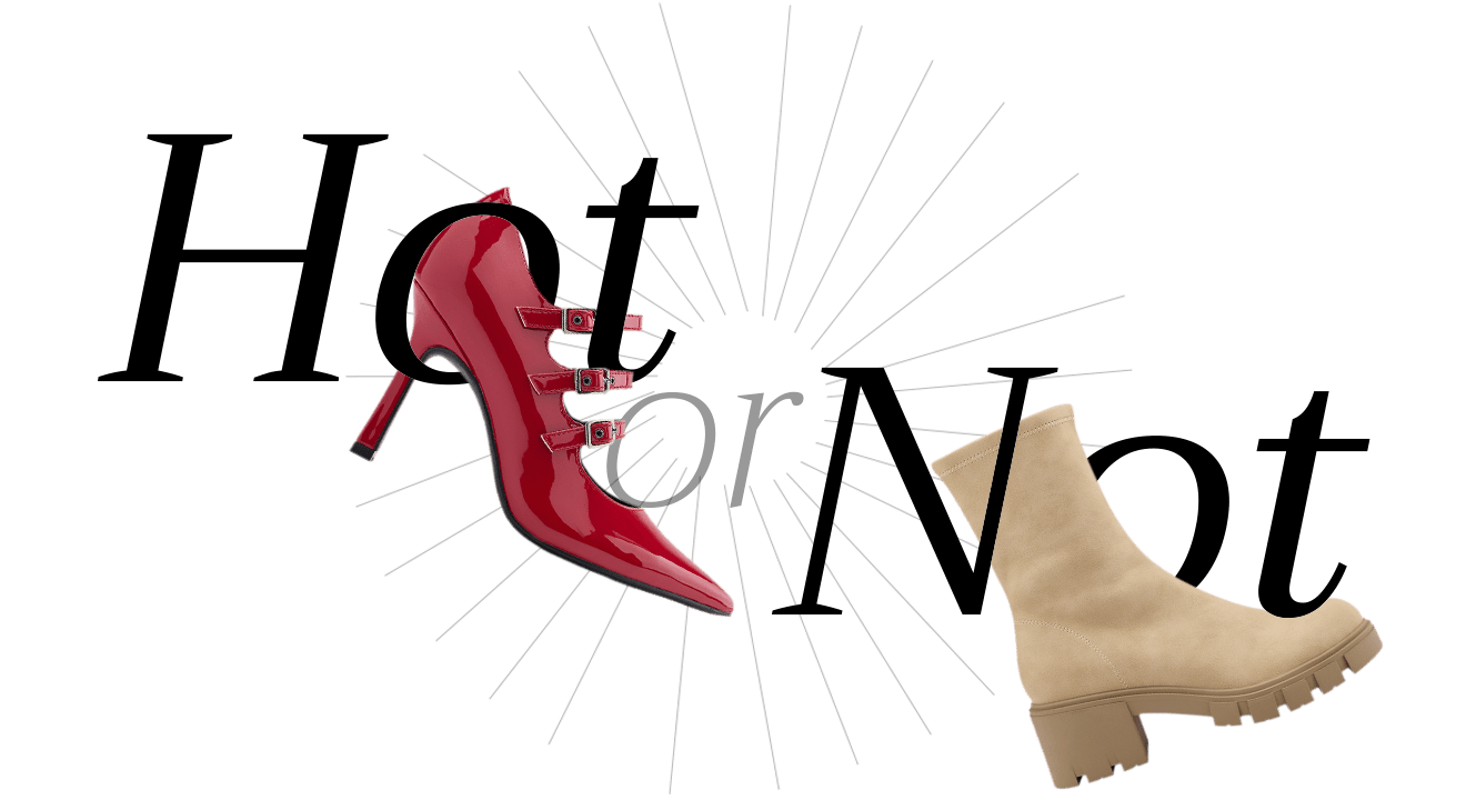 Schriftzug "Hot or Not" mit Schuh-Freistellern, vor weißem Hintergrund, Thema Trendfarbe Rot