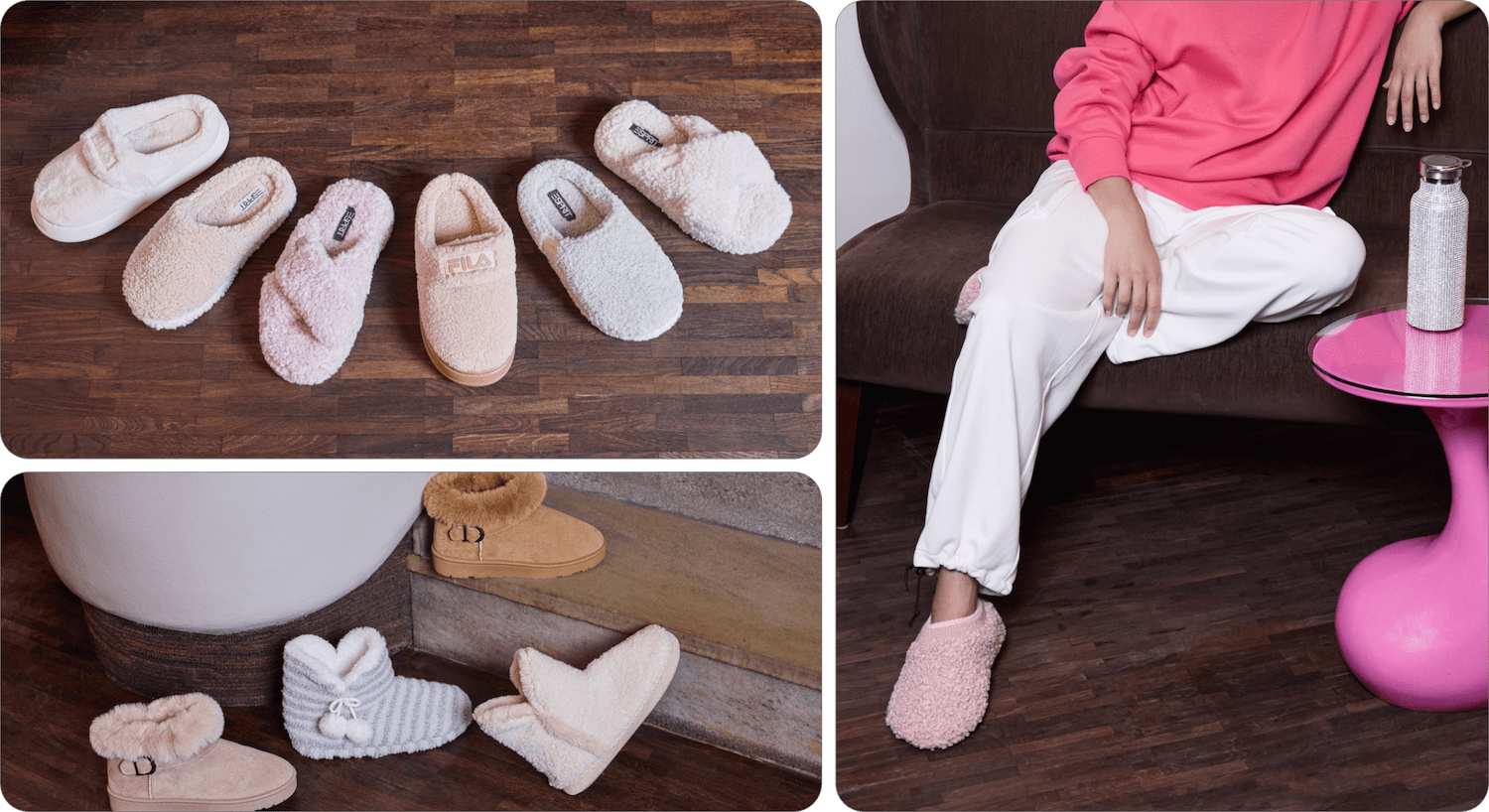 Collage flauschiger Hausschuhe auf dunklem Holzboden, Modelle in Beige, Rosa und Weiß, freistehend und am Fuß getragen.