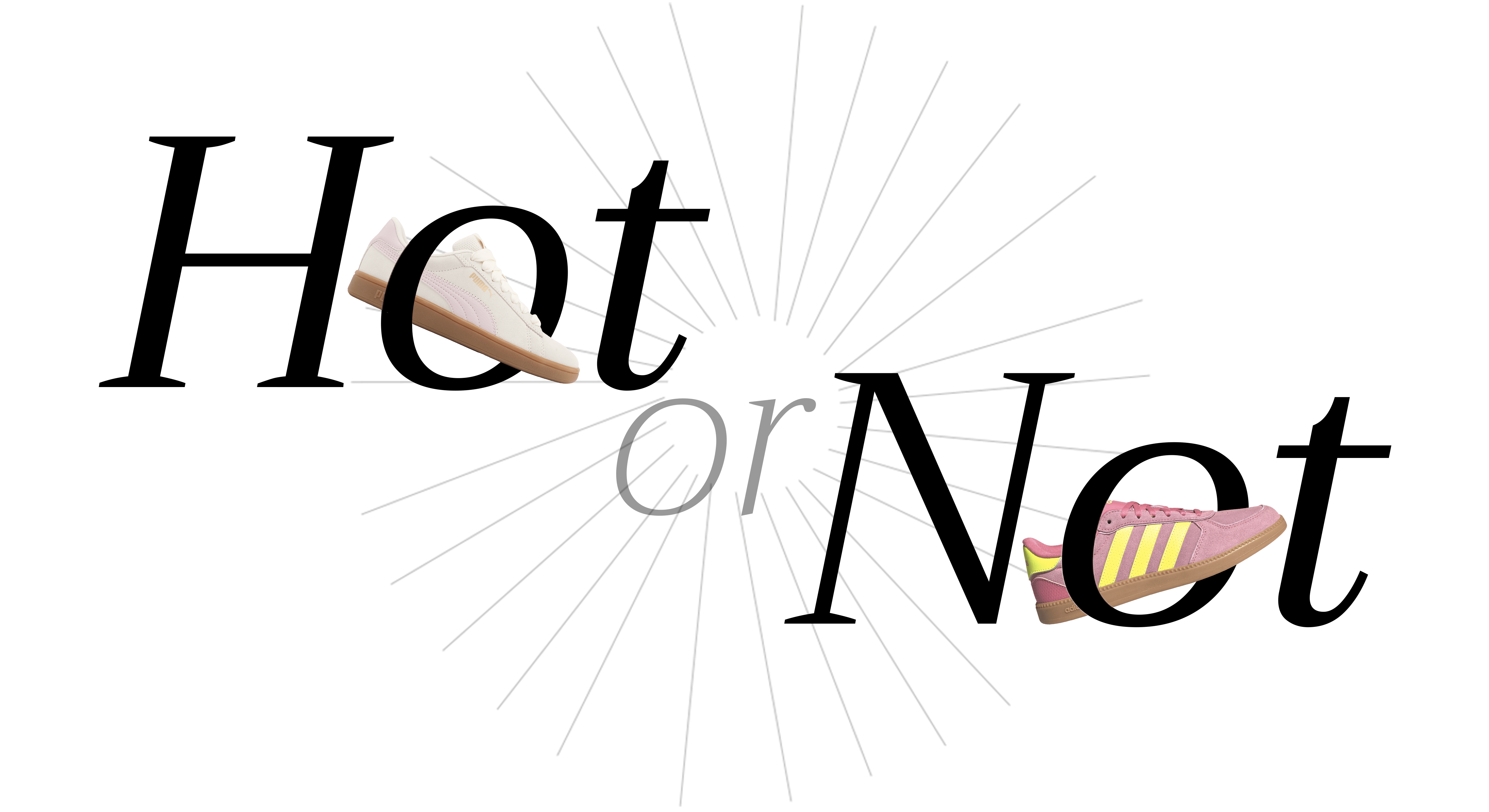 Schriftzug "Hot or Not" mit Schuh-Freistellern, vor weißem Hintergrund, Thema Pastellfarben
