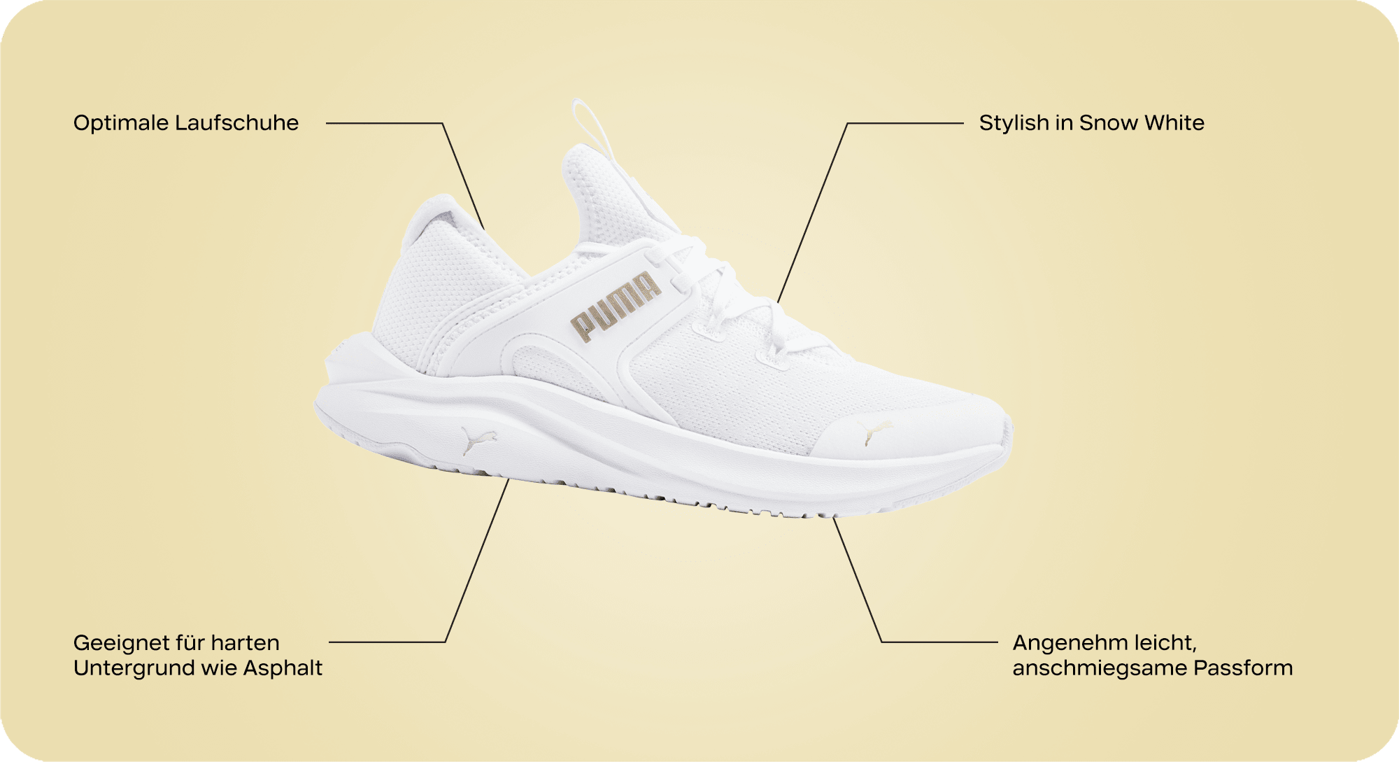Weißer Puma-Sportschuh als Freisteller auf gelbem Hintergrund, Texthinweise zum Schuh