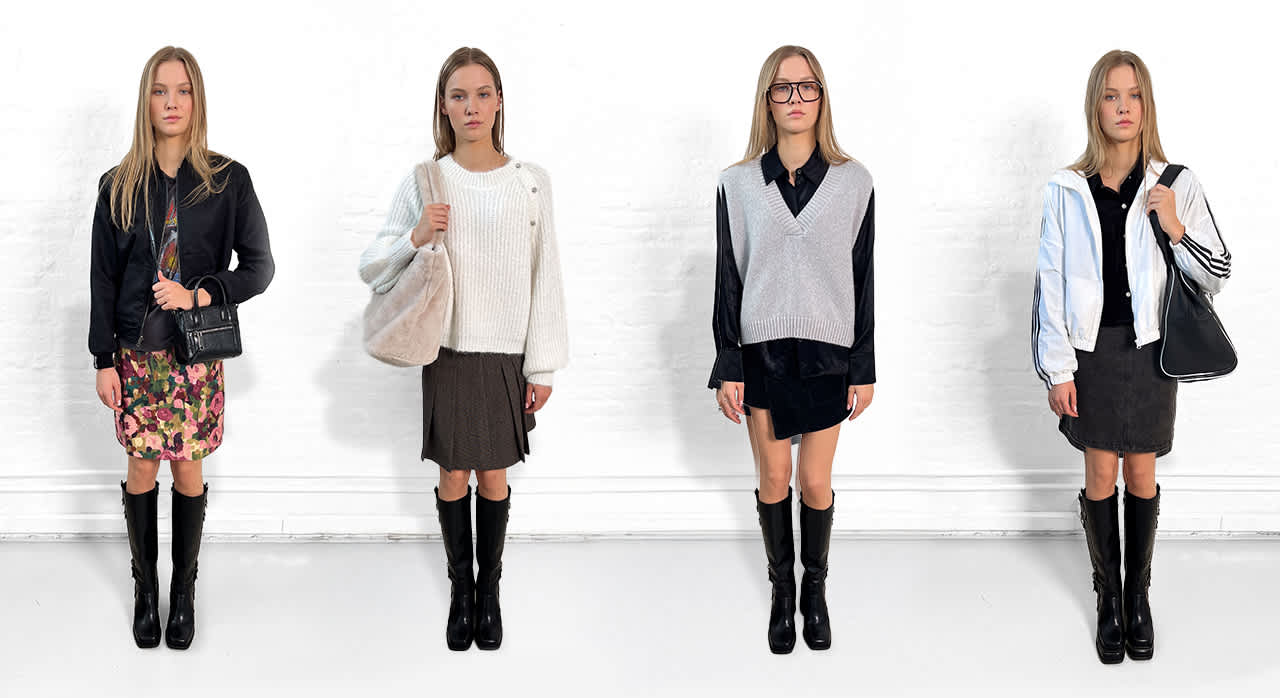 Eine Frau in vier unterschiedlichen Looks mit zum Outfit passenden Stiefeln