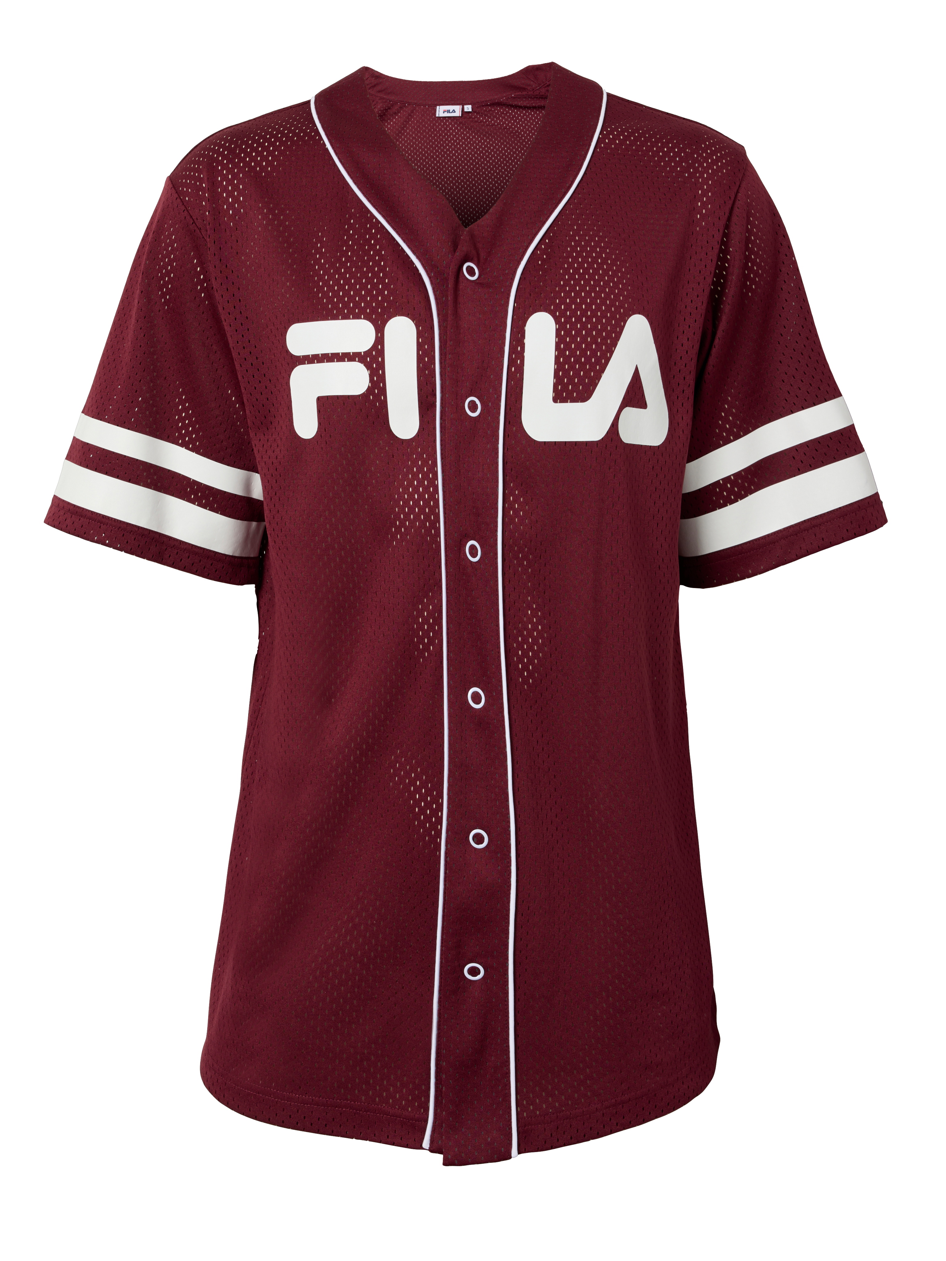 Ein burgunderrotes FILA T-Shirt mit weißen Streifen an den Ärmeln