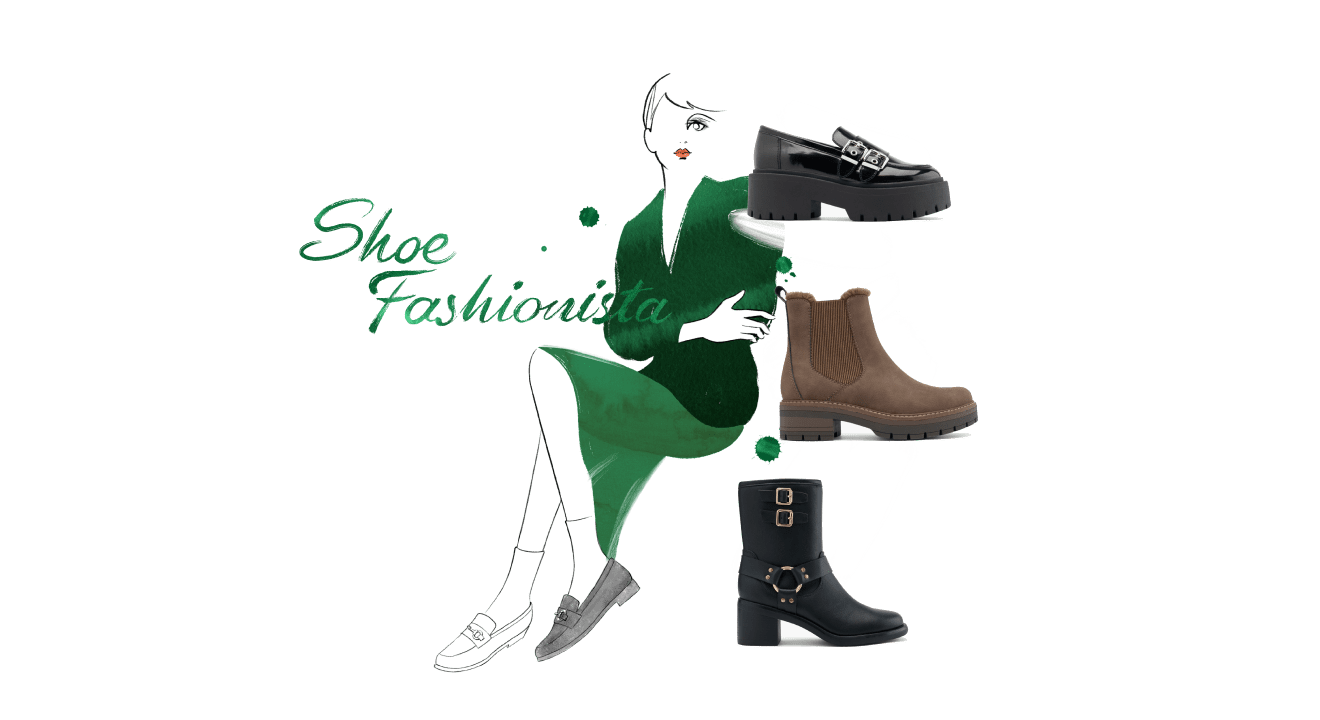 Illustration einer Frau in grünem Dress mit drei Boots als Freistellern, Schriftzug "Shoe Fashionista" im Bild