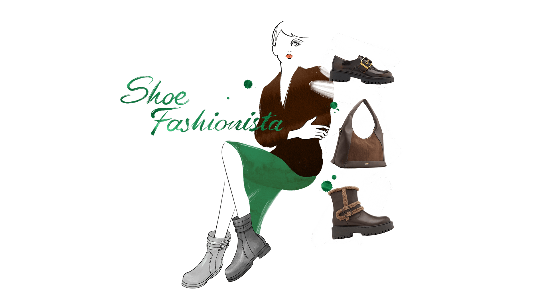 Aquarellartige Illustration einer Figur mit grünem Rock und braunen Blazer, grauen Schuhen und Accessoires im Bild