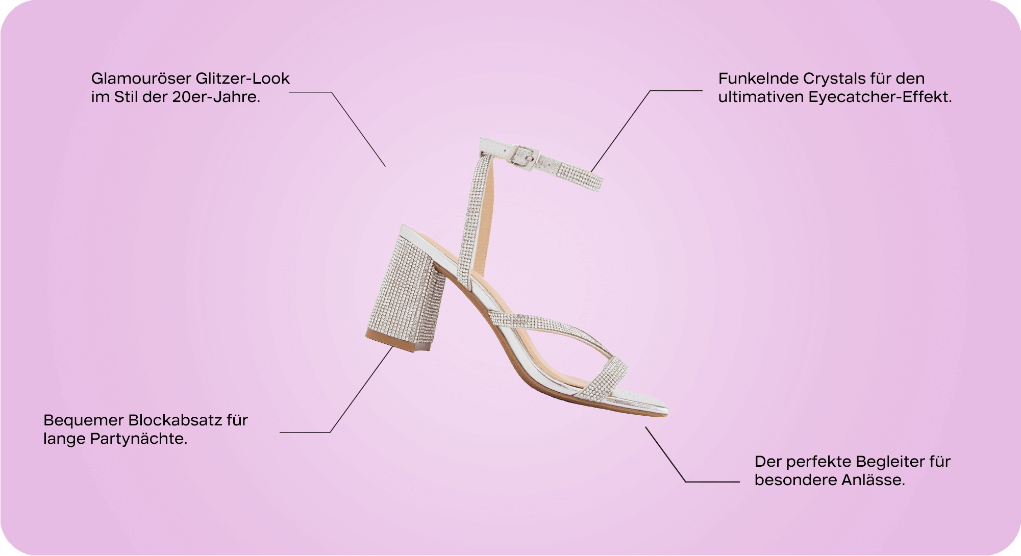 Glitzernder Schuh mit Riemchen auf violettem Hintergrund, Texthinweise zum Schuh