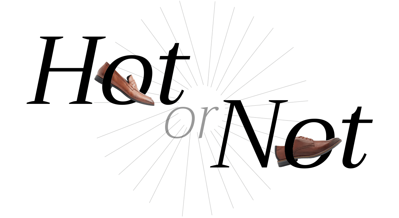 Schriftzug "Hot or Not" mit Business Schuhen als Freisteller, vor weißem Hintergrund, Thema Business Casual Sommer