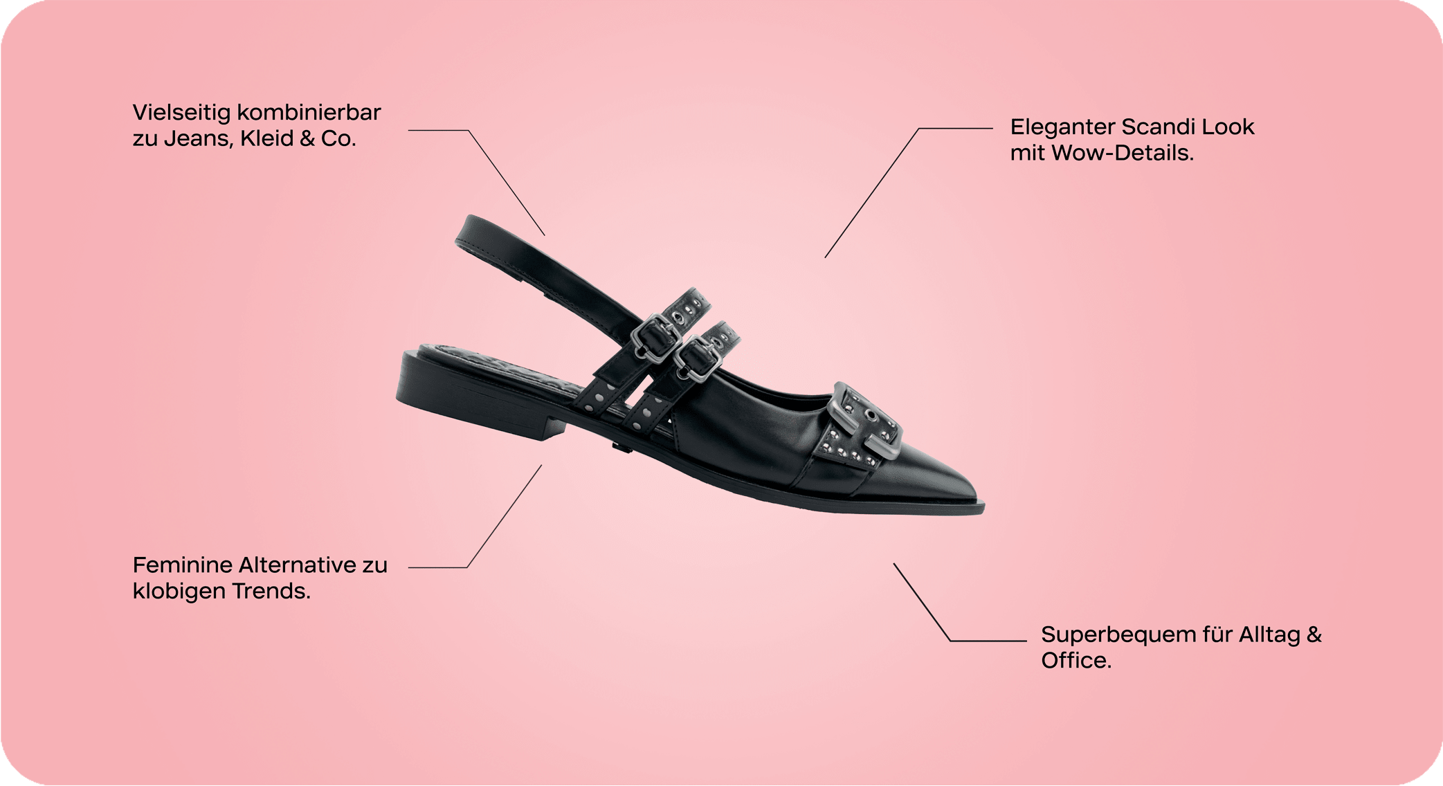 Schwarze Pointed Flats als Freisteller auf pinkem Hintergrund, Texthinweise zu den Ballerinas