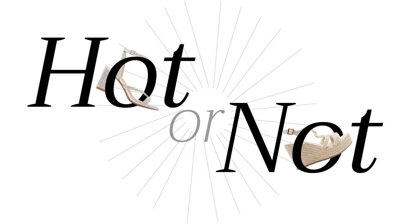 Zwei Glitzerschuhe in einem "Hot or Not"-Schriftzug