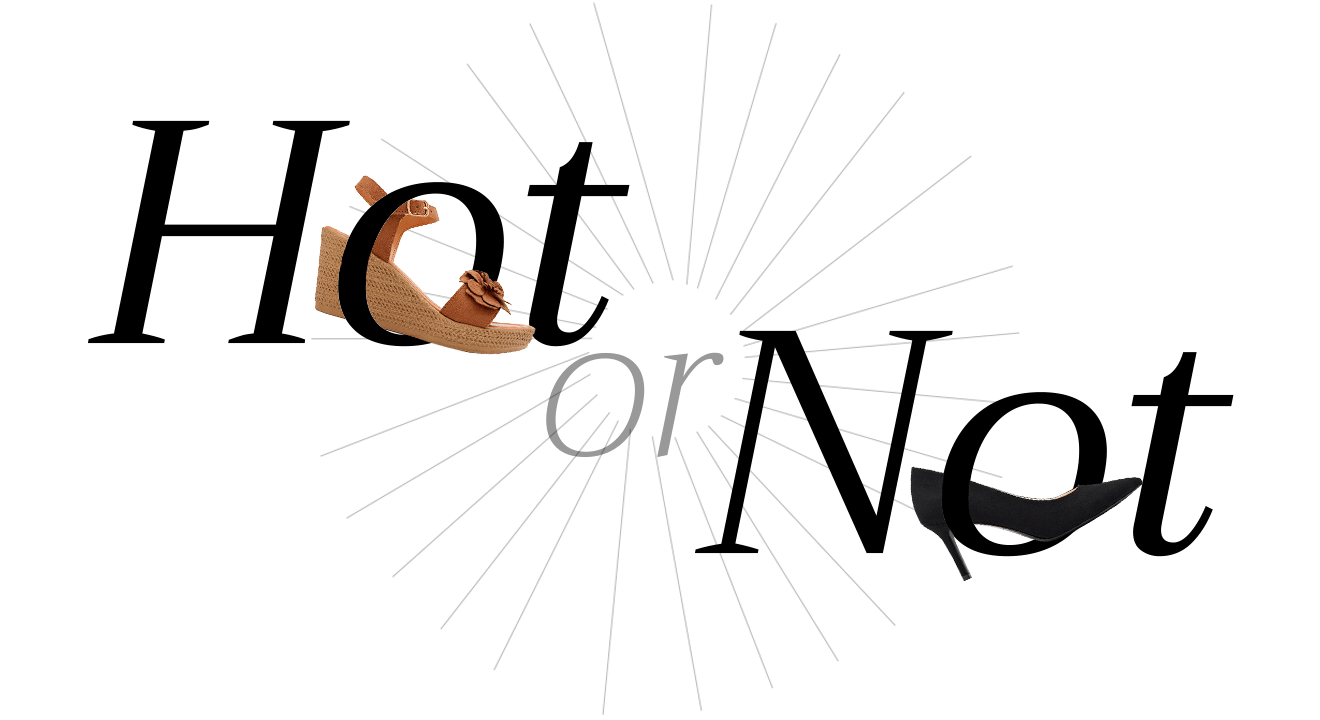 Schriftzug "Hot or Not" mit offenen Schuhen als Freisteller, vor weißem Hintergrund, Thema Römersandale