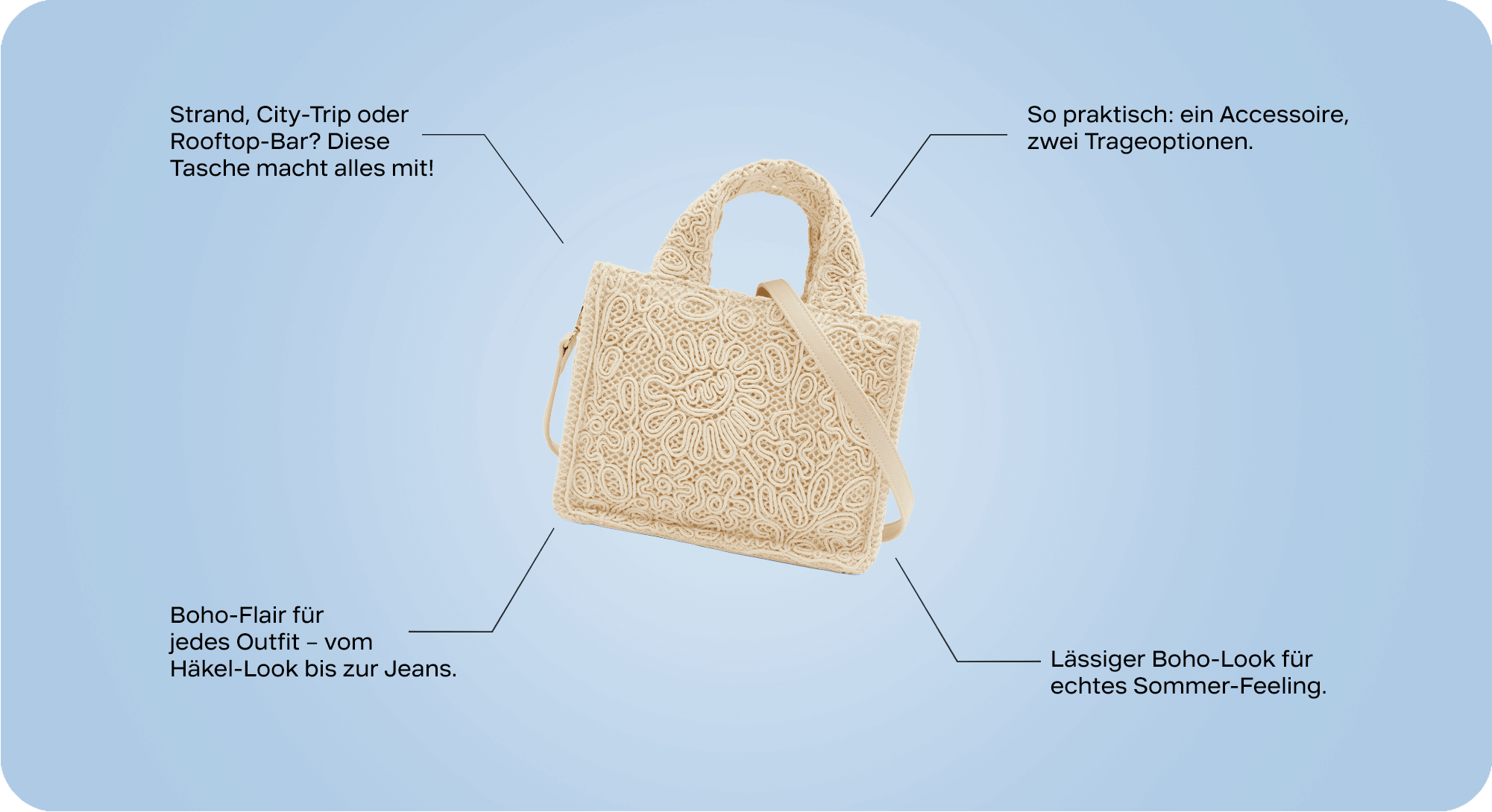 Hellbraune Boho-Tasche als Freisteller auf blauem Hintergrund, Texthinweise zu der Tasche